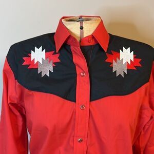 ELY Country Charmers Red & Black Embroidered Western Shirt - Size Small